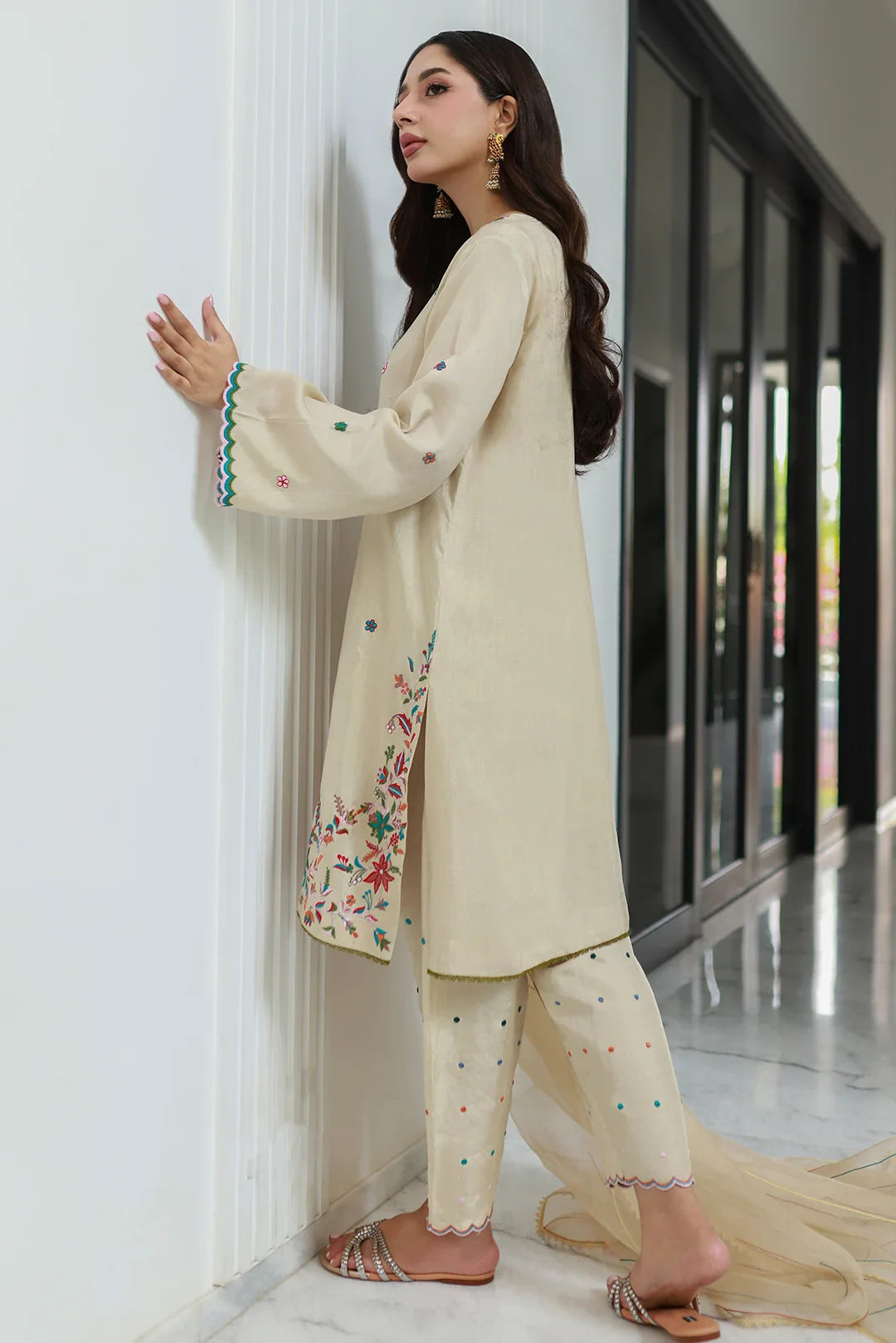 Nadia Khan Pret Embroidered Raw Silk 3 Piece Pastel Cream