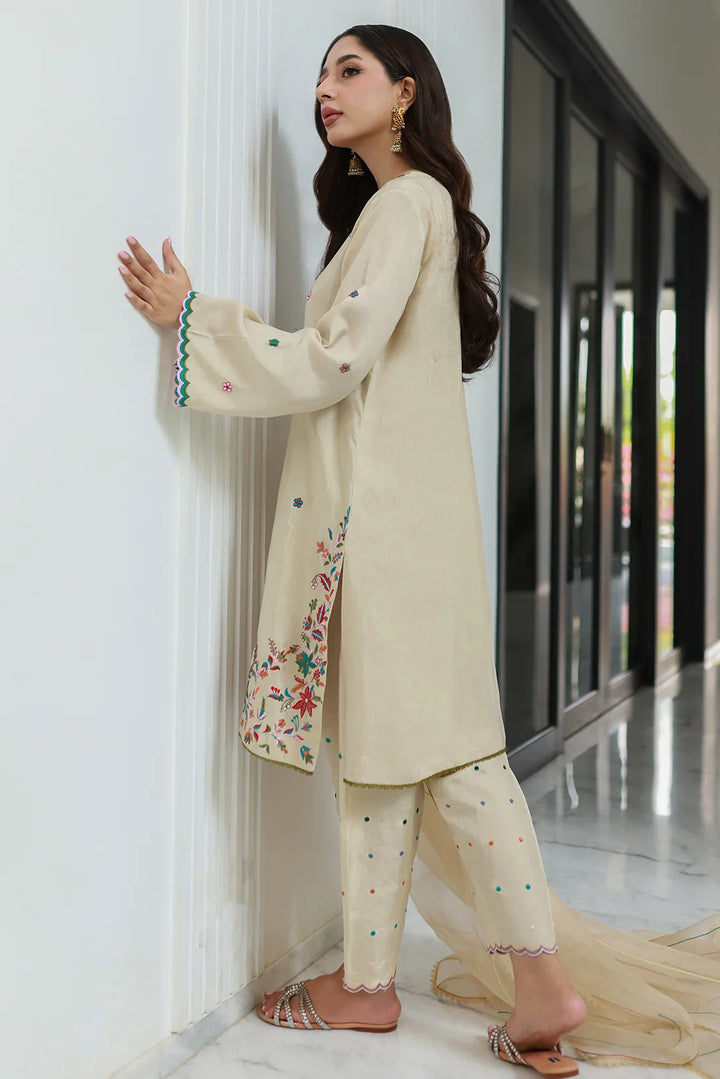 Nadia Khan Pret Embroidered Raw Silk 3 Piece Pastel Cream