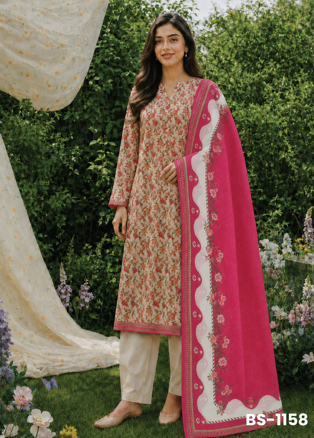Bin Saeed Unstitched Printed Lawn Cotton 3 Piece Suit BS-1158 - Casual Collection