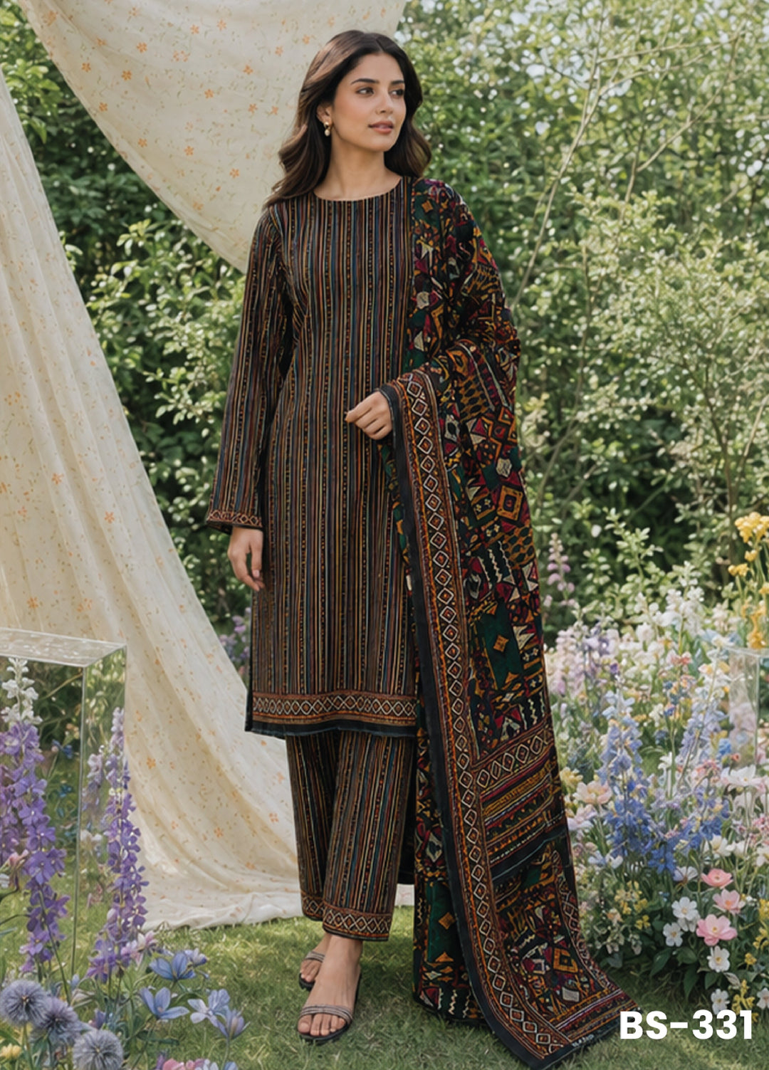 Bin Saeed Unstitched Printed Lawn Cotton 3 Piece Suit BS-331 - Casual Collection