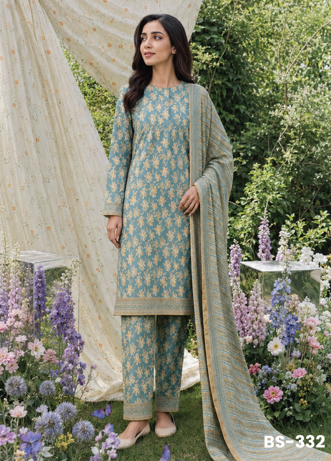 Bin Saeed Unstitched Printed Lawn Cotton 3 Piece Suit BS-332 - Casual Collection