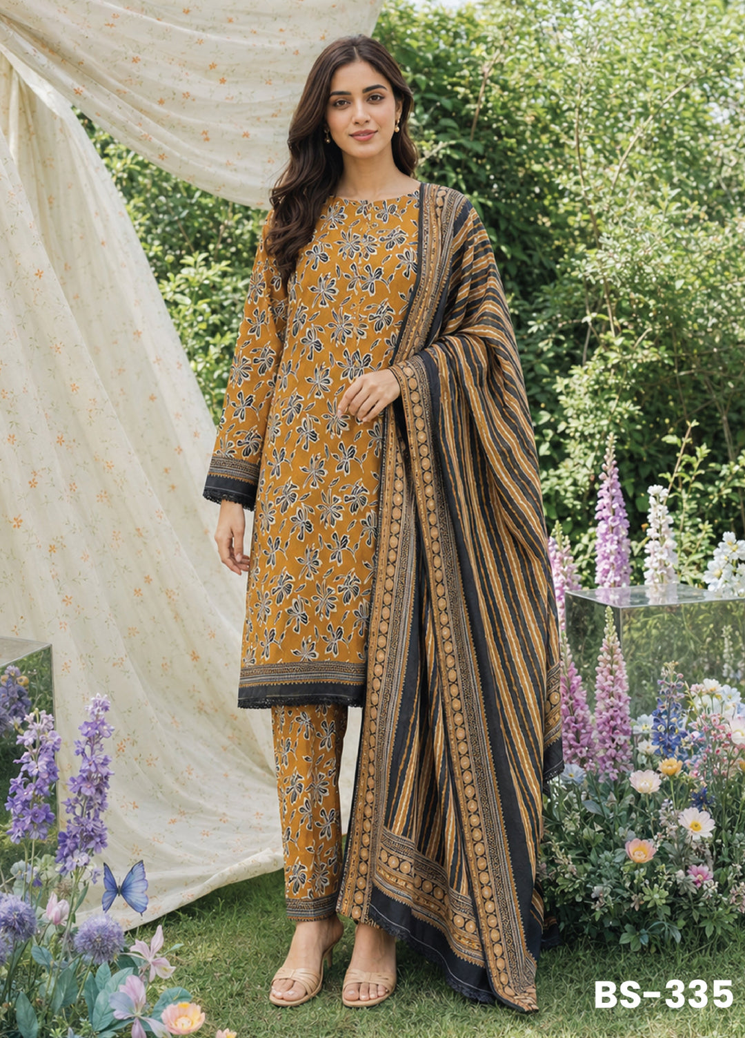 Bin Saeed Unstitched Printed Lawn Cotton 3 Piece Suit BS-335 - Casual Collection