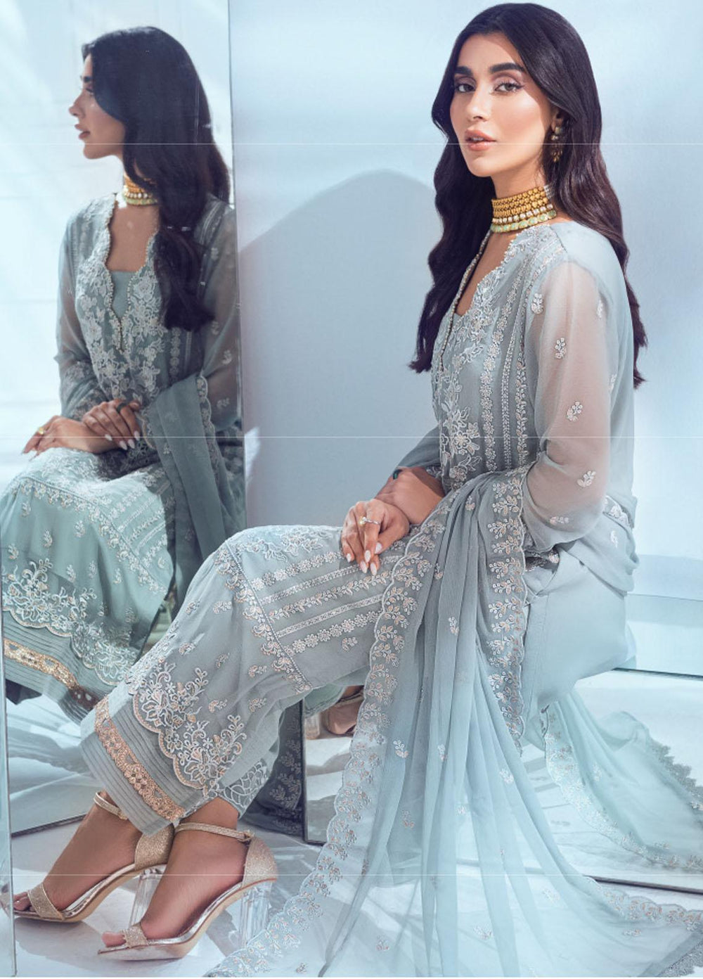 Azure Embroidered Chiffon Suits Unstitched 3 Piece AZU22EC ES-003 Pastel Mint - Luxury Collection