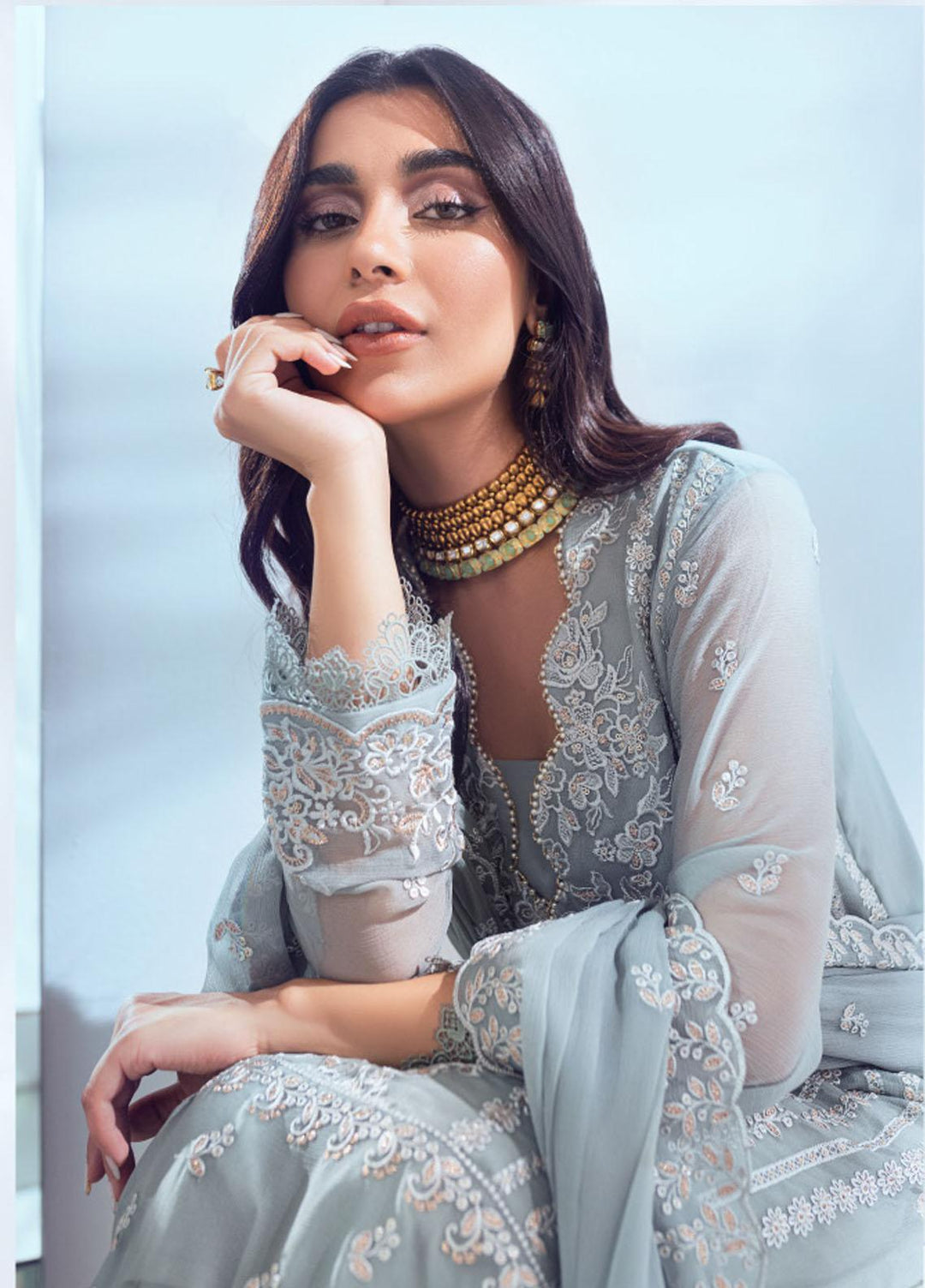 Azure Embroidered Chiffon Suits Unstitched 3 Piece AZU22EC ES-003 Pastel Mint - Luxury Collection