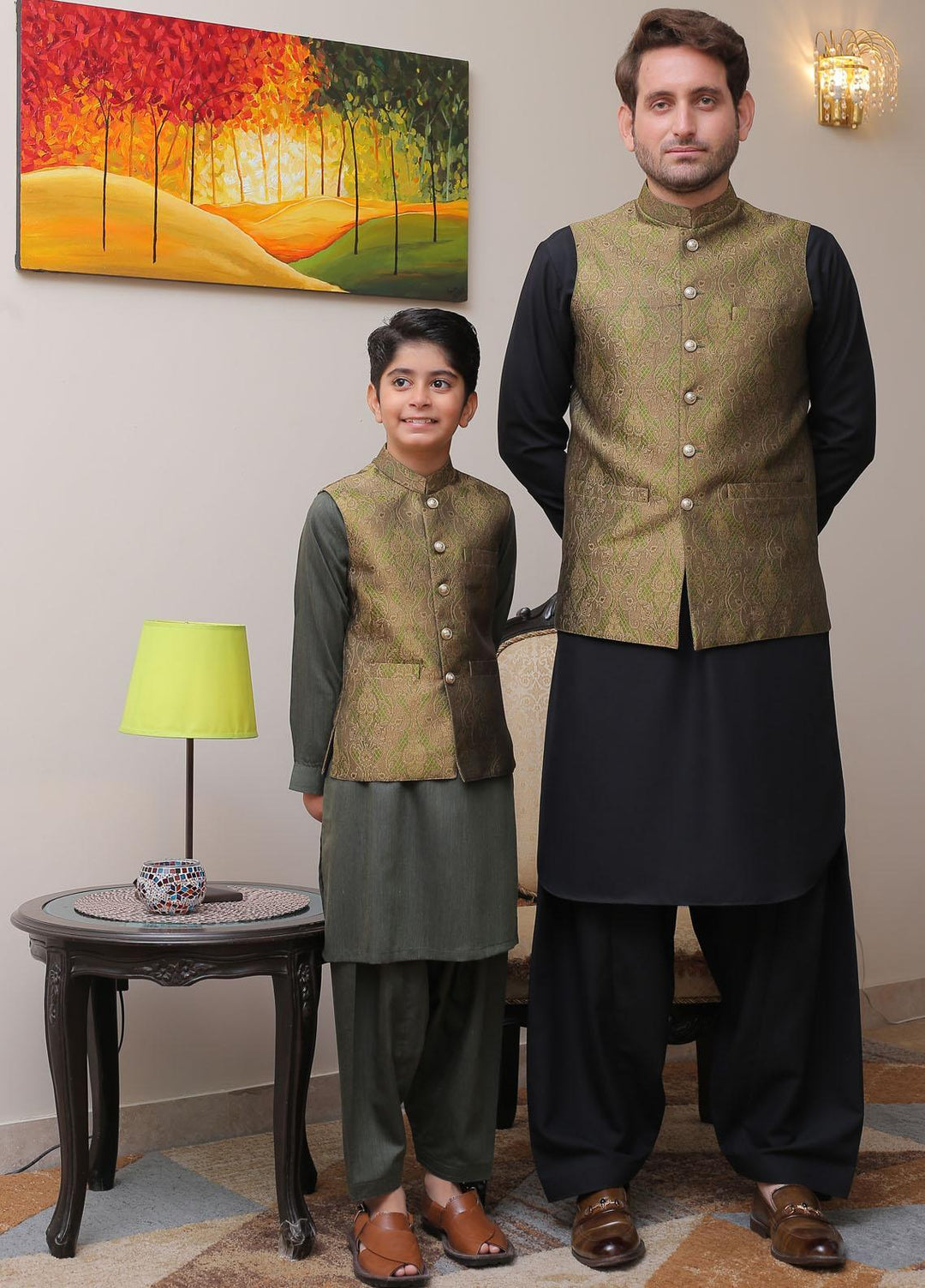 Real Image Jamawar Smart Fit Waistcoat for Kids -  OKW-010 Green Brwn