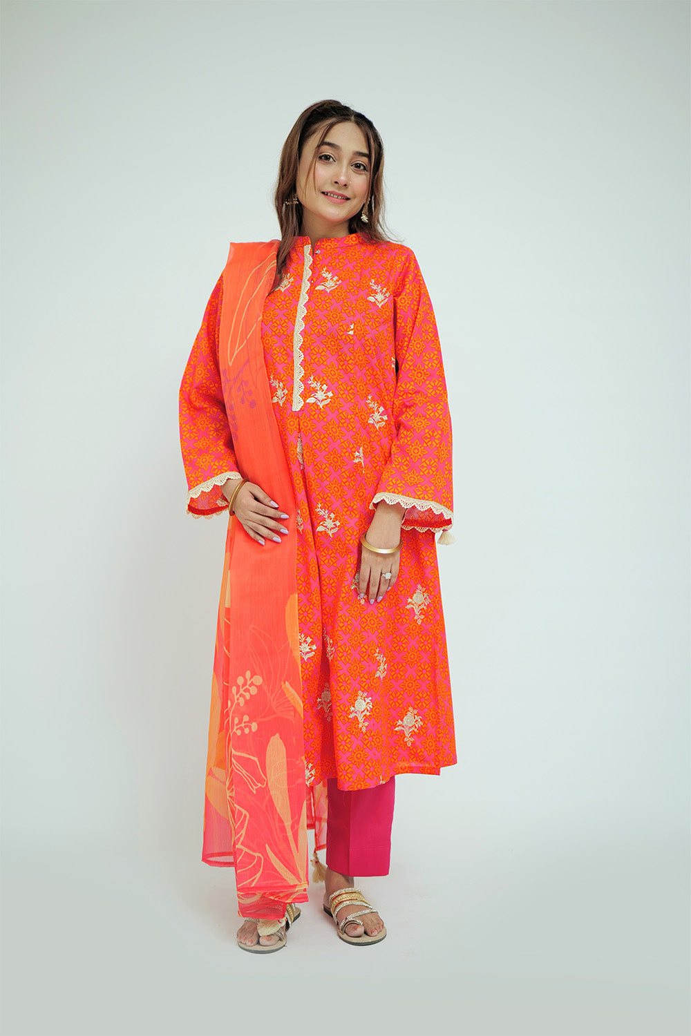 Senorita Women RTW Women Shocking Pink and Orange Casual 3 Piece Suit Cotton Lawn Printed LAD-02704 - Summer Collection