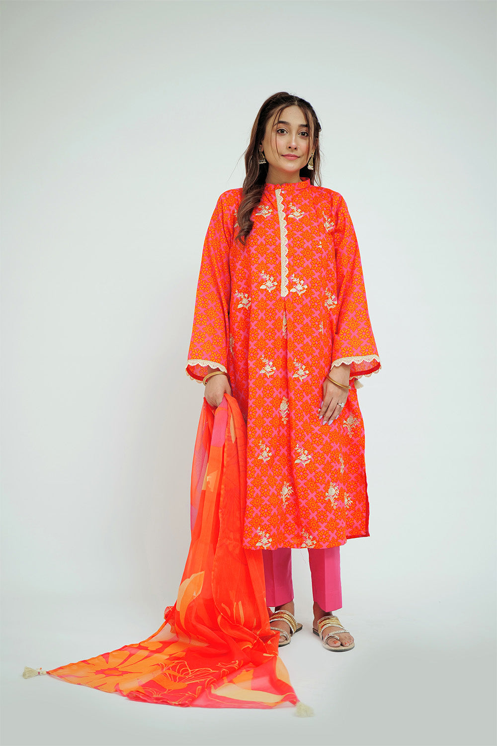 Senorita Women RTW Women Shocking Pink and Orange Casual 3 Piece Suit Cotton Lawn Printed LAD-02704 - Summer Collection