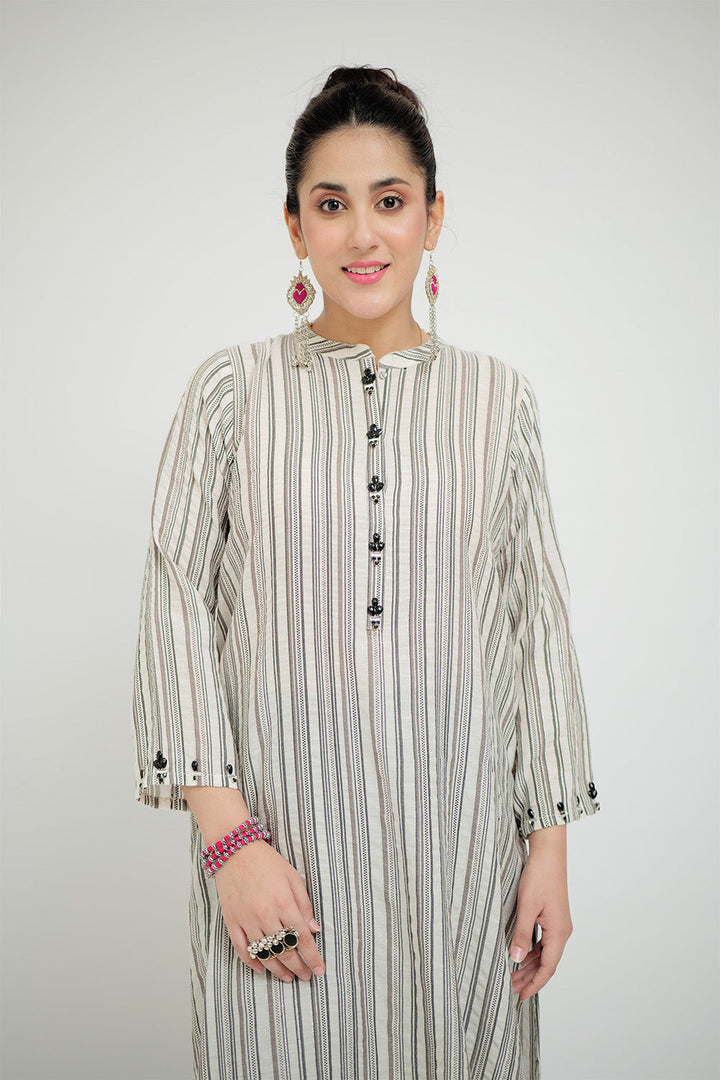 Senorita Women RTW Women Embroidered White and Black Casual plus 3 Piece Suit Cotton Jacquard LBD-02664 - Summer Collection
