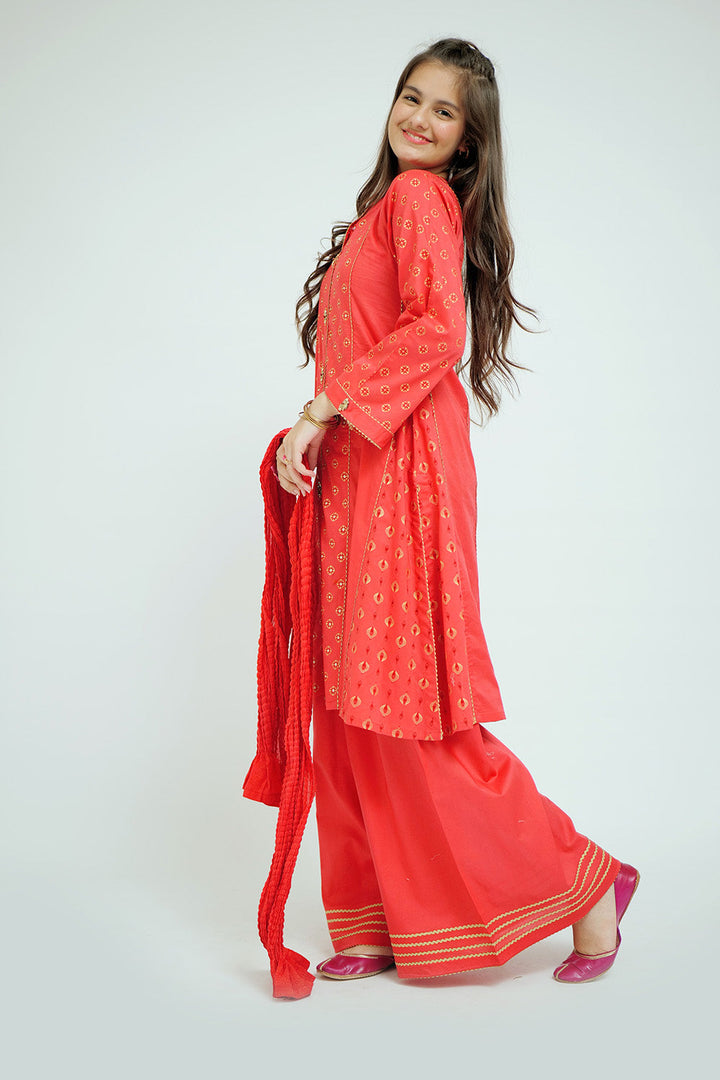 Senorita Girls Ready to Wear Girls Peach Casual 3 Piece Suit Cotton Cambric Printed GAD-02657 - Summer Collection