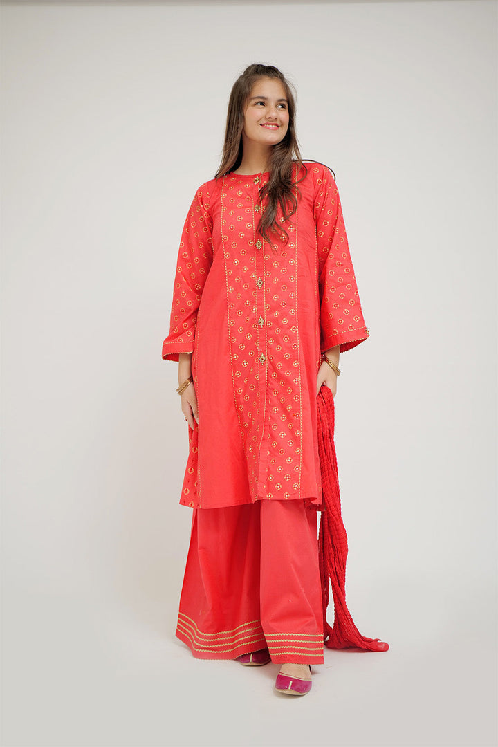 Senorita Girls Ready to Wear Girls Peach Casual 3 Piece Suit Cotton Cambric Printed GAD-02657 - Summer Collection