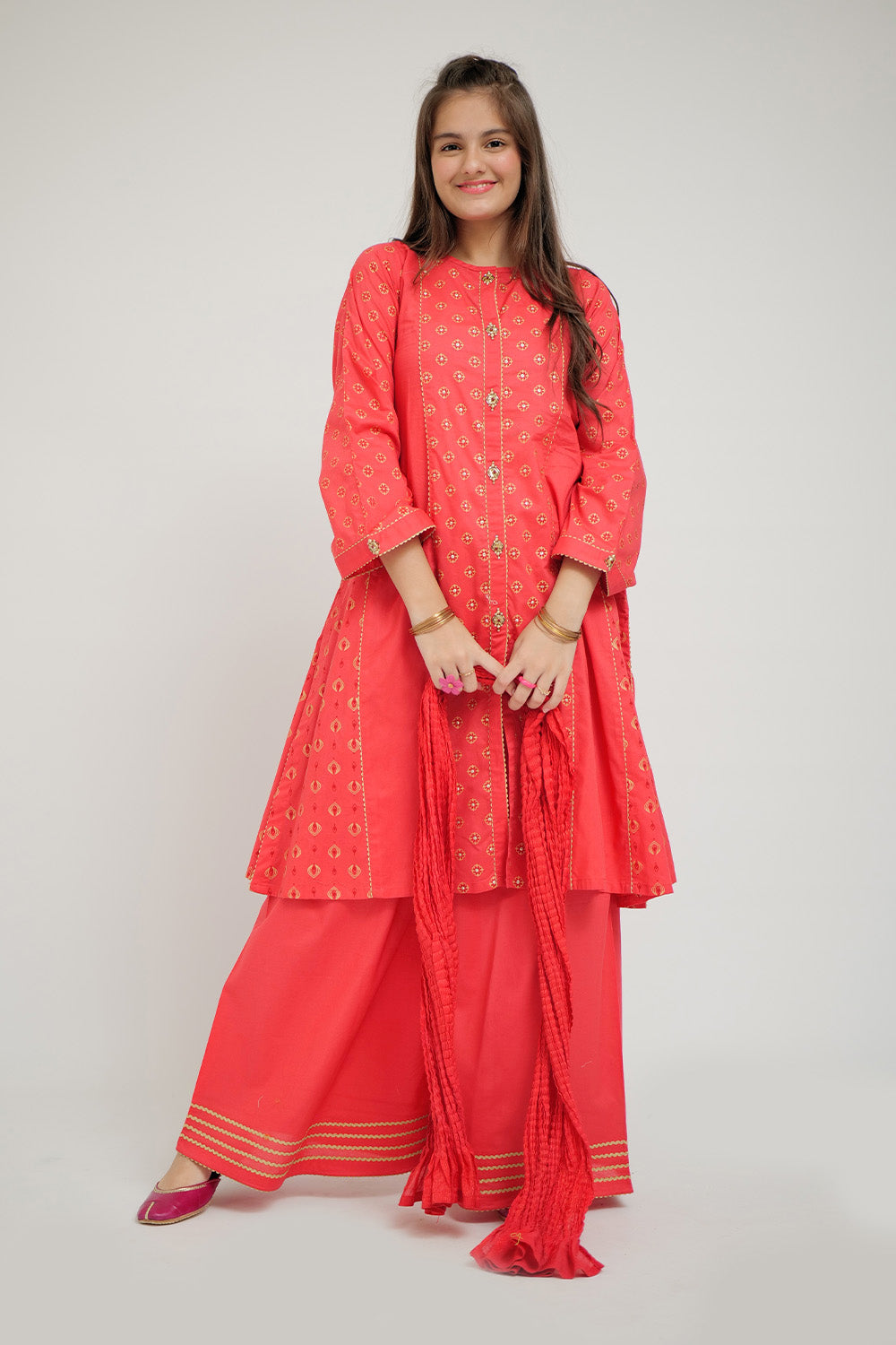 Senorita Girls Ready to Wear Girls Peach Casual 3 Piece Suit Cotton Cambric Printed GAD-02657 - Summer Collection
