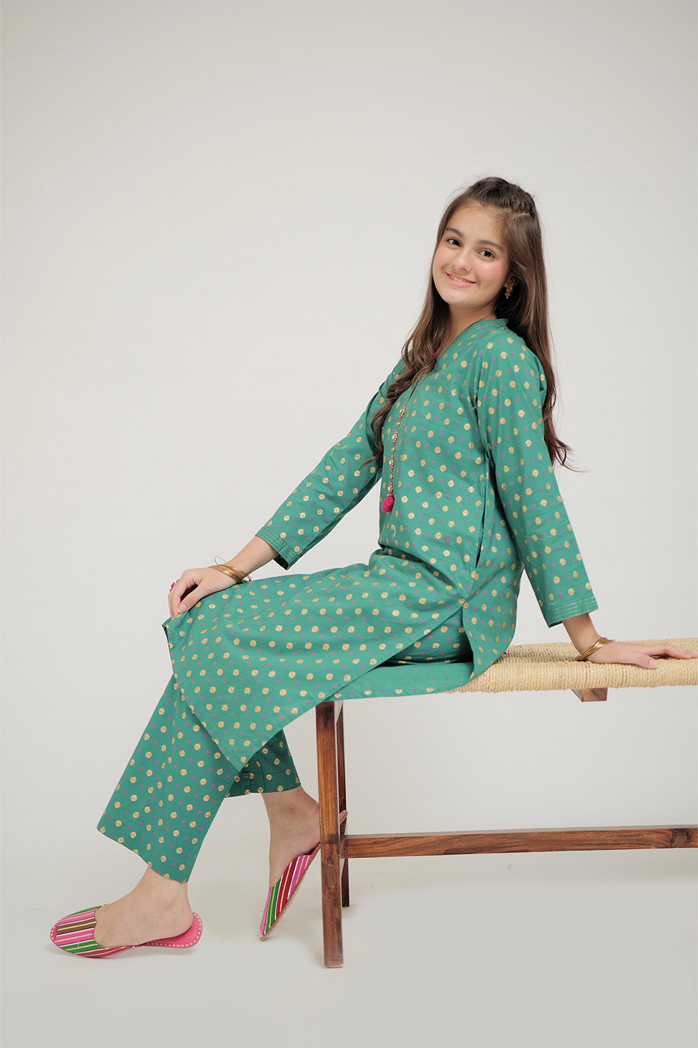Senorita Girls Ready to Wear Girls Turquoise Green Casual 3 Piece Suit Cotton Cambric Printed GAD-02652 - Summer Collection
