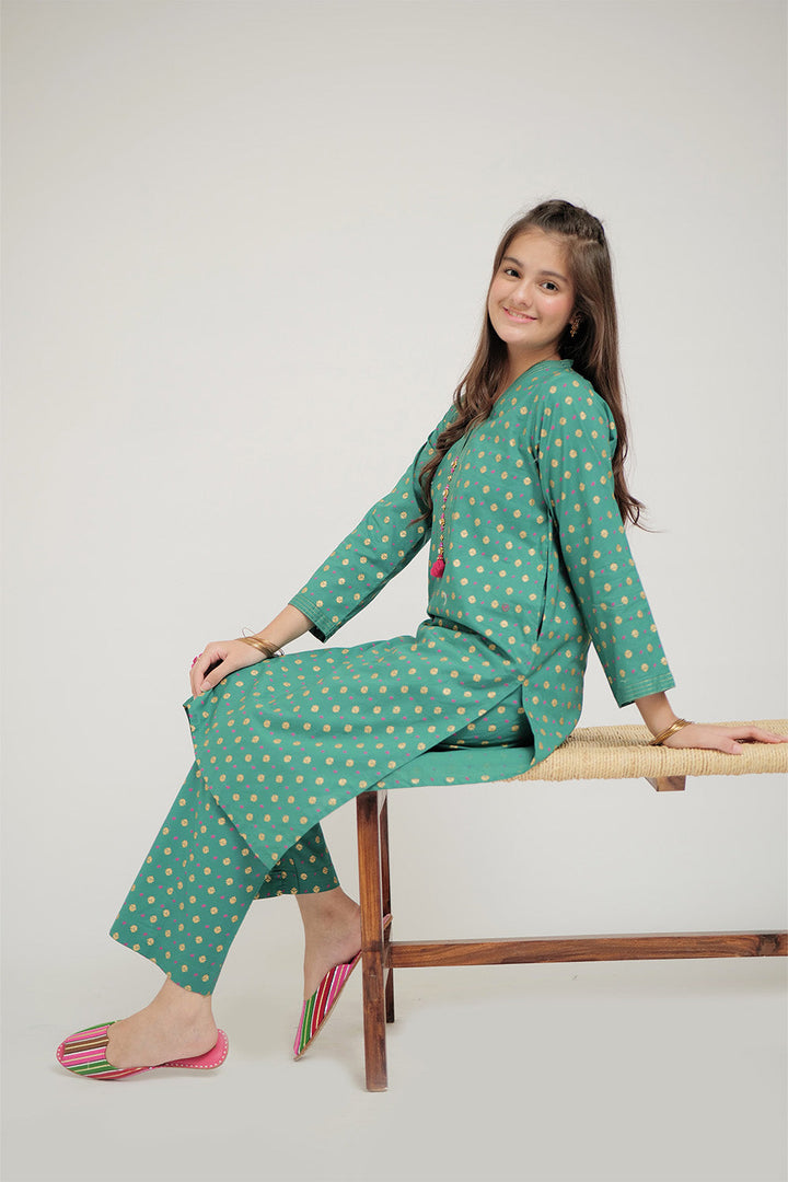 Senorita Girls Ready to Wear Girls Turquoise Green Casual 3 Piece Suit Cotton Cambric Printed GAD-02652 - Summer Collection
