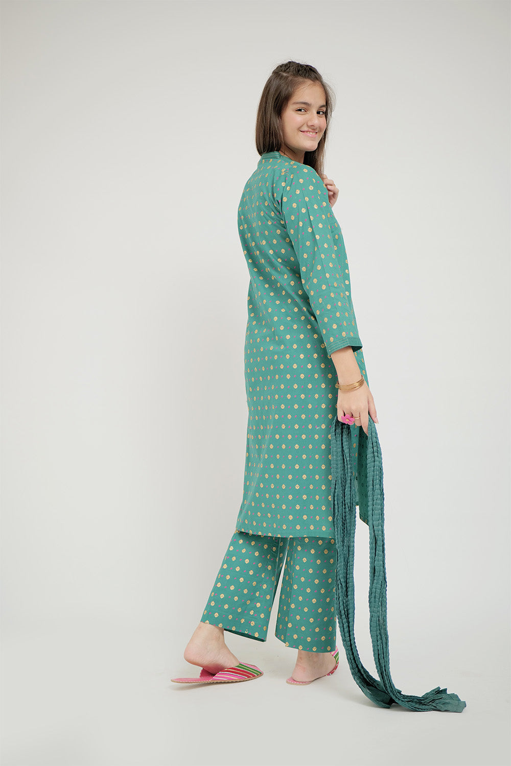 Senorita Girls Ready to Wear Girls Turquoise Green Casual 3 Piece Suit Cotton Cambric Printed GAD-02652 - Summer Collection