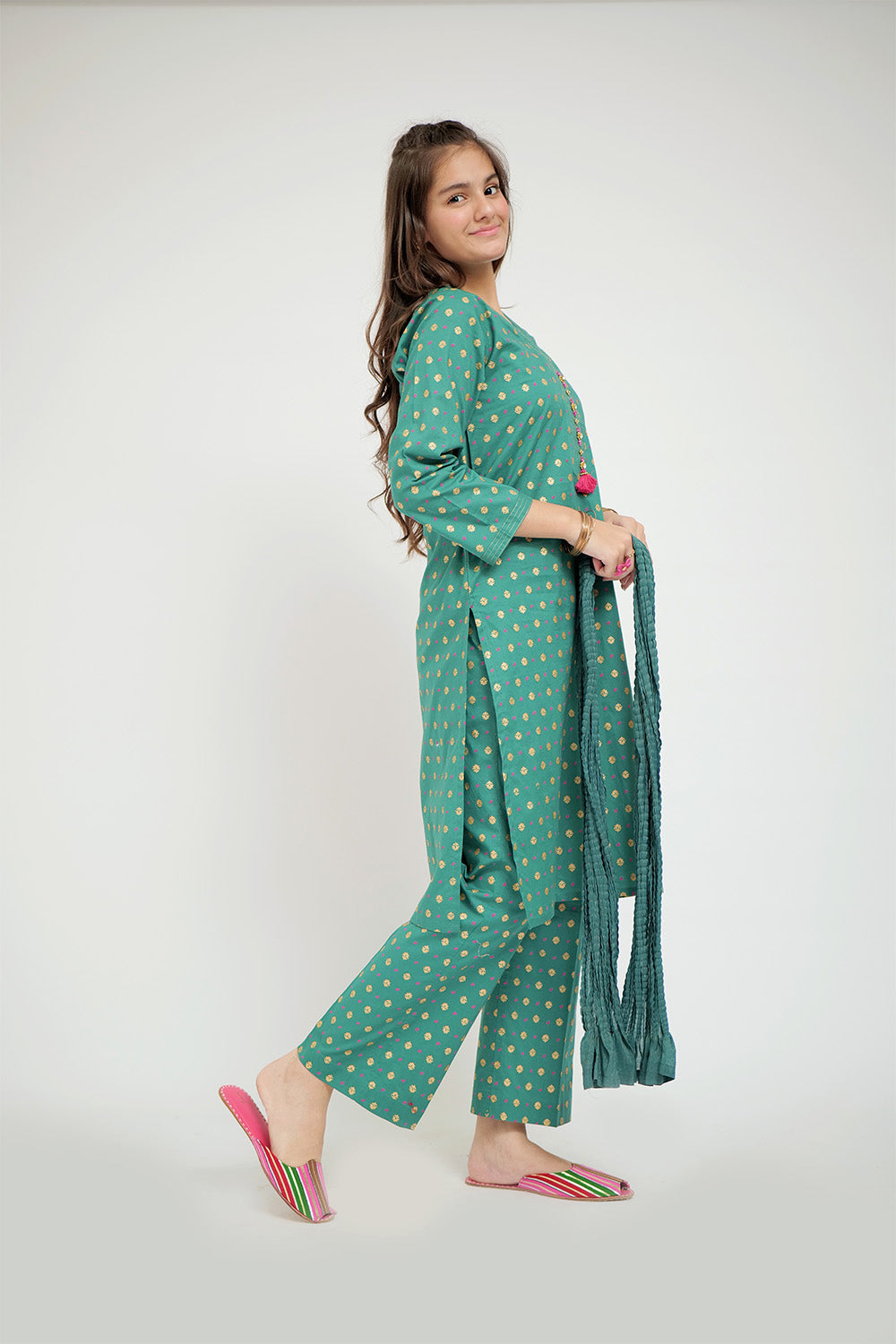 Senorita Girls Ready to Wear Girls Turquoise Green Casual 3 Piece Suit Cotton Cambric Printed GAD-02652 - Summer Collection
