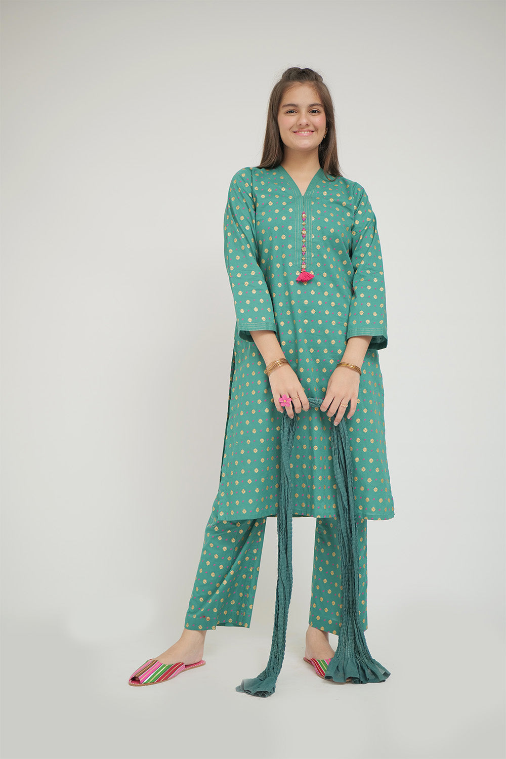 Senorita Girls Ready to Wear Girls Turquoise Green Casual 3 Piece Suit Cotton Cambric Printed GAD-02652 - Summer Collection