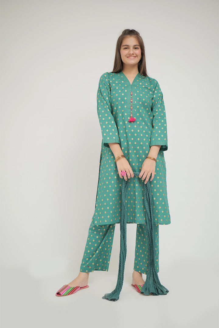 Senorita Girls Ready to Wear Girls Turquoise Green Casual 3 Piece Suit Cotton Cambric Printed GAD-02652 - Summer Collection
