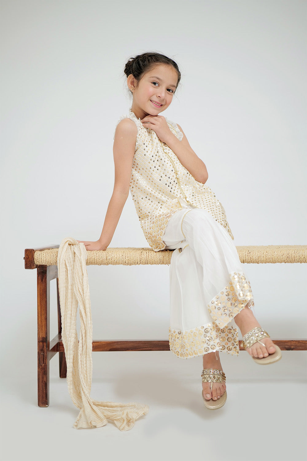Senorita Kids RTW White and Gold Formal 3 Piece Suit Grip Viscose KDD-02647 - Winter Collection