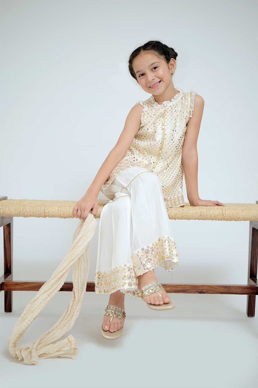 Senorita Kids RTW White and Gold Formal 3 Piece Suit Grip Viscose KDD-02647 - Winter Collection