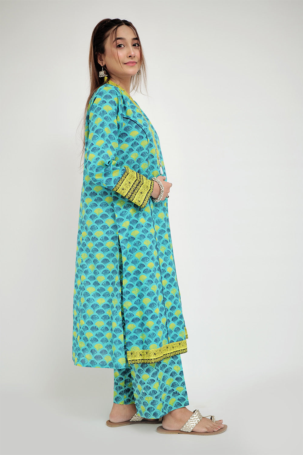 Senorita Women RTW Women Sea Green and Multicolor Casual 2 Piece Suit Cotton Lawn Printed LAC-02691 - Summer Collection