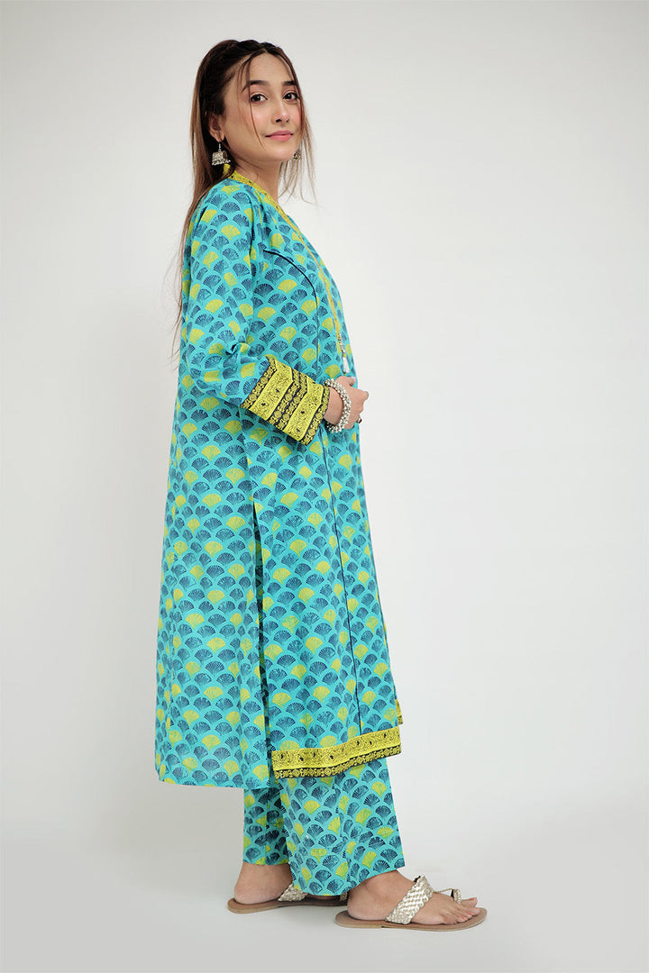 Senorita Women RTW Women Sea Green and Multicolor Casual 2 Piece Suit Cotton Lawn Printed LAC-02691 - Summer Collection