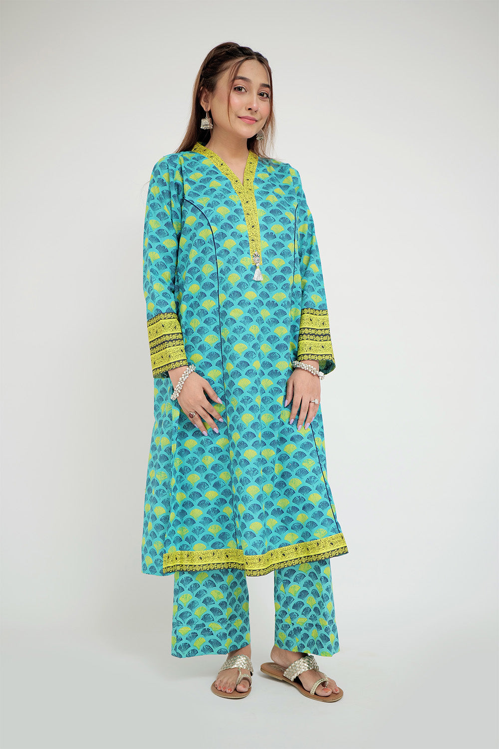 Senorita Women RTW Women Sea Green and Multicolor Casual 2 Piece Suit Cotton Lawn Printed LAC-02691 - Summer Collection