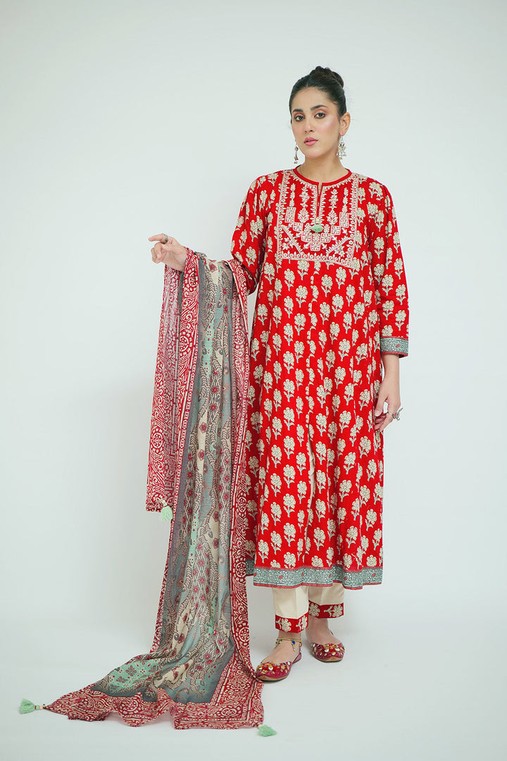 Senorita Women RTW Women Red and Multicolor Casual 3 Piece Suit Cotton Lawn Printed LAD-02686 - Summer Collection