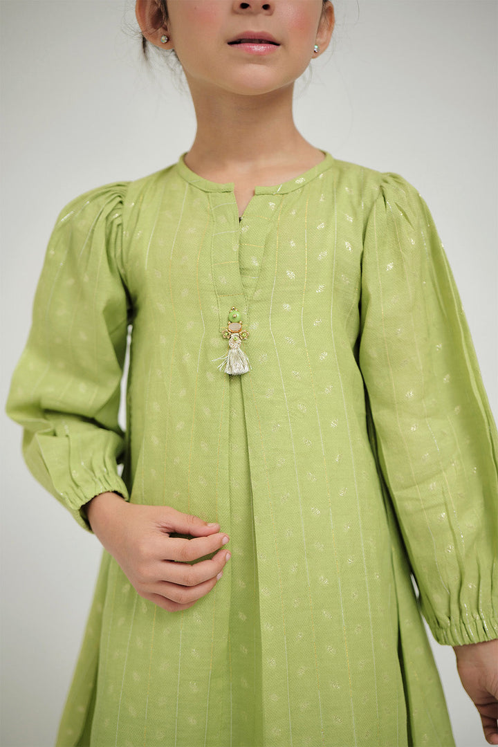 Senorita Kids RTW Perrot Green and Gold Casual Plus 3 Piece Suit Viscose Jacquard Flament KBD-02668 - Summer Collection