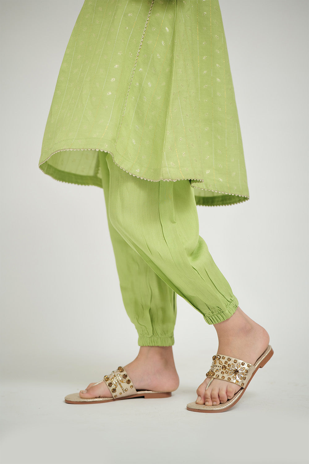 Senorita Kids RTW Perrot Green and Gold Casual Plus 3 Piece Suit Viscose Jacquard Flament KBD-02668 - Summer Collection