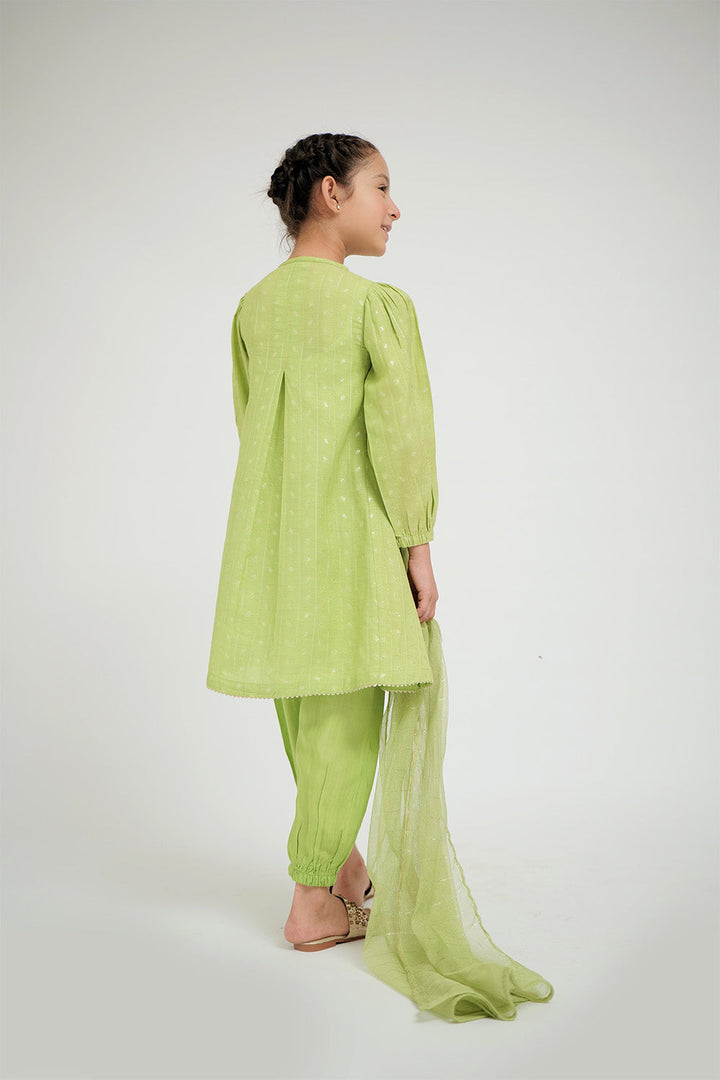 Senorita Kids RTW Perrot Green and Gold Casual Plus 3 Piece Suit Viscose Jacquard Flament KBD-02668 - Summer Collection