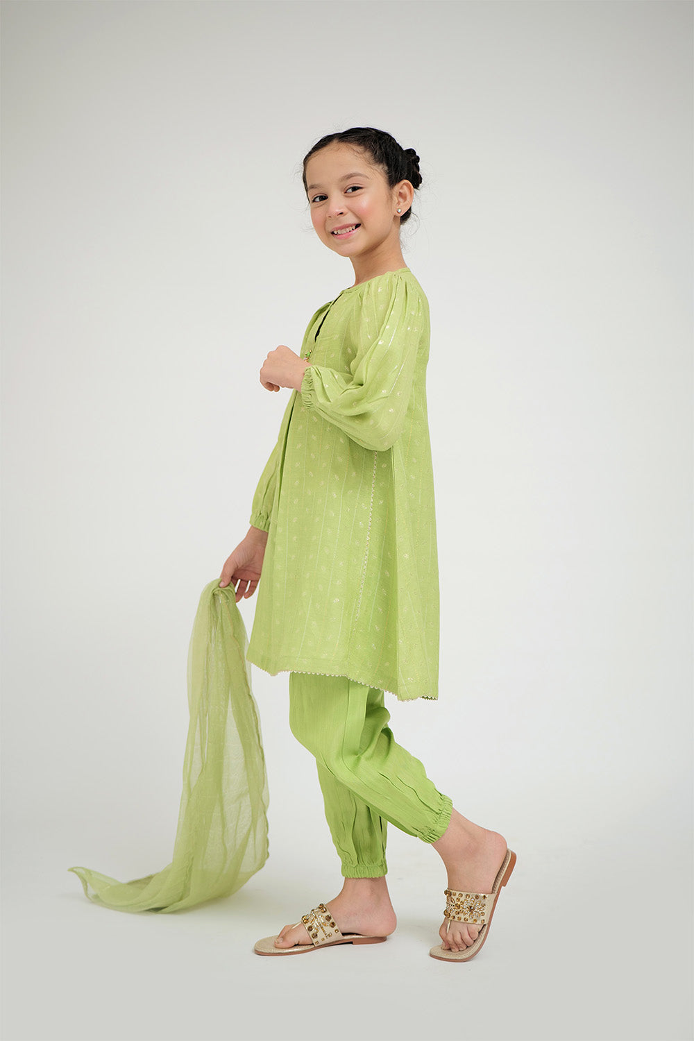 Senorita Kids RTW Perrot Green and Gold Casual Plus 3 Piece Suit Viscose Jacquard Flament KBD-02668 - Summer Collection