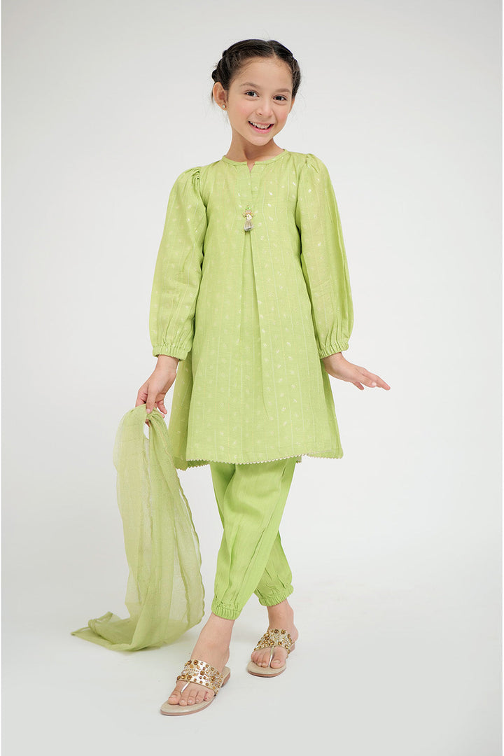 Senorita Kids RTW Perrot Green and Gold Casual Plus 3 Piece Suit Viscose Jacquard Flament KBD-02668 - Summer Collection