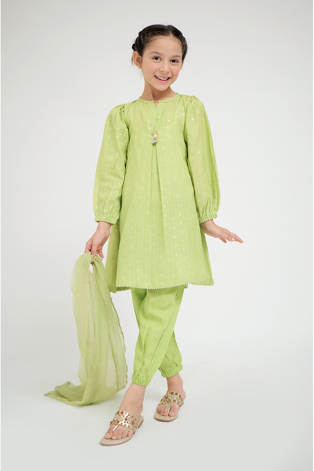 Senorita Kids RTW Perrot Green and Gold Casual Plus 3 Piece Suit Viscose Jacquard Flament KBD-02668 - Summer Collection