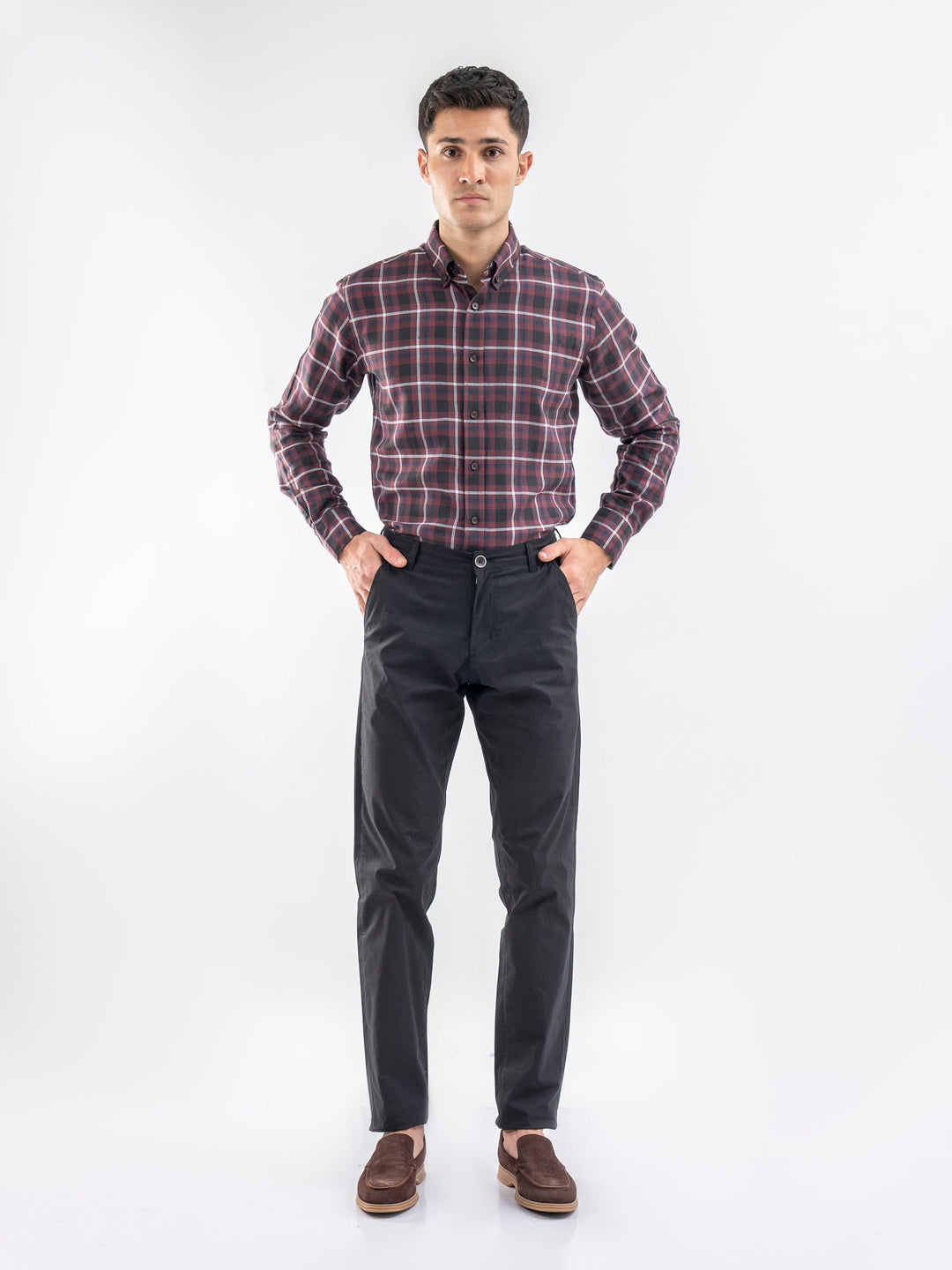 Brumano Ready To Wear Shirts Men 1 Piece Cotton Burgundy Light Weight Checkered Shirt 0-31-025-3964 - Summer Collection