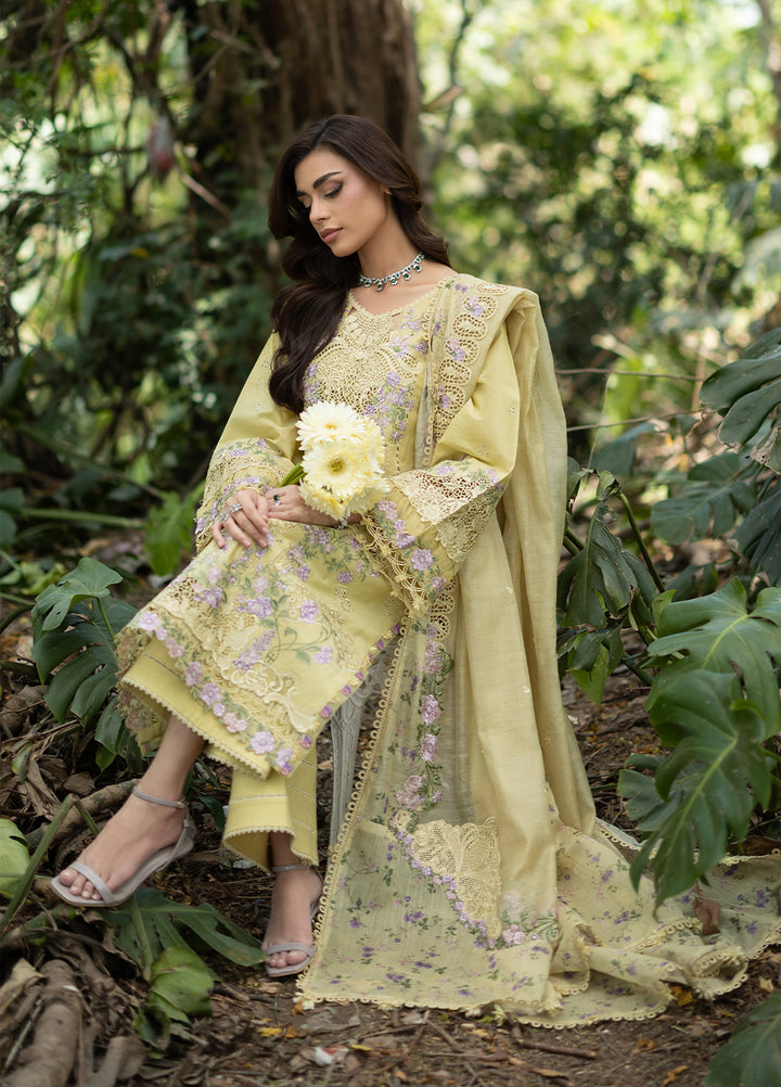 Elaf Premium Unstitched Embroidered Lawn 3 Piece Suit EL26ULF Butter Yellow ELQ-7A - Festive Collection