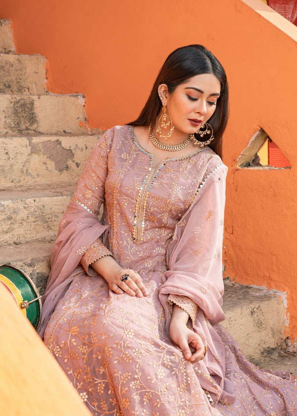 Unss Apparel Women Pret Embroidered Chiffon 3 Piece Suit Haani Tea Pink - Festive Collection