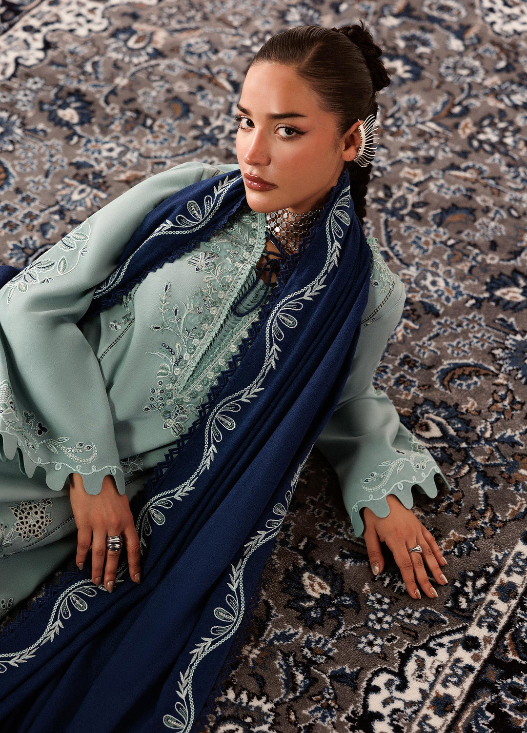 Q line by Qalamkar Unstitched Embroidered Slub Linen 3 Piece Suit QLK26UQL Taliya QLW-11 - Winter Collection