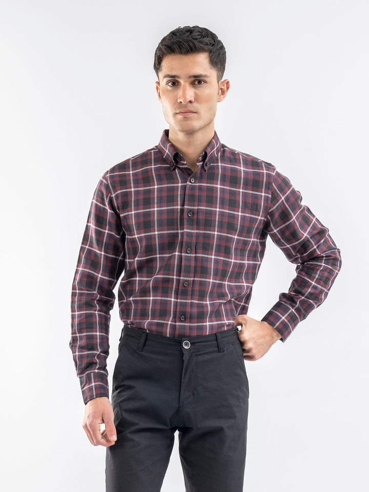 Brumano Ready To Wear Shirts Men 1 Piece Cotton Burgundy Light Weight Checkered Shirt 0-31-025-3964 - Summer Collection