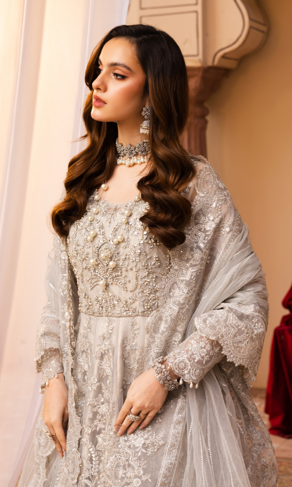 Waresha Women RTW Embroidered Net 3 Piece Suit Moonlit Grace Slate Gray - Festive Collection