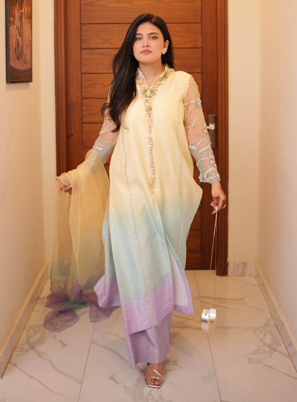 Irtiqa by Anayra Amal RTW Hand work Korean Silk 3 Piece Suit Celeste Haze Festive Collection