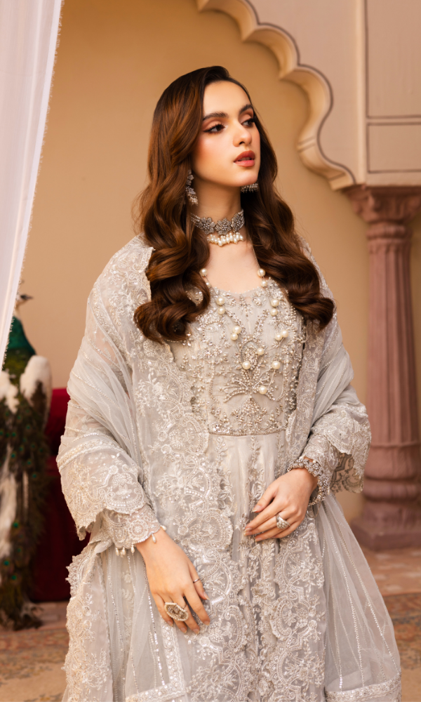Waresha Women RTW Embroidered Net 3 Piece Suit Moonlit Grace Slate Gray - Festive Collection