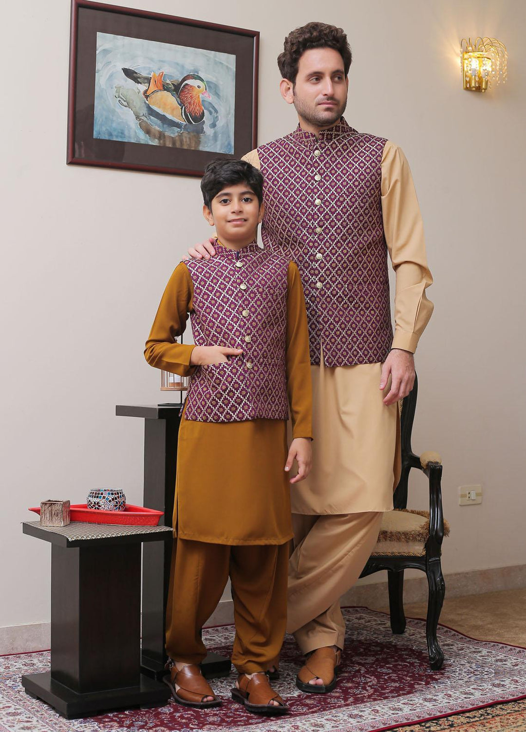Real Image Raw Silk Smart Fit Waistcoat for Kids -  OKW-013 Purple Gold