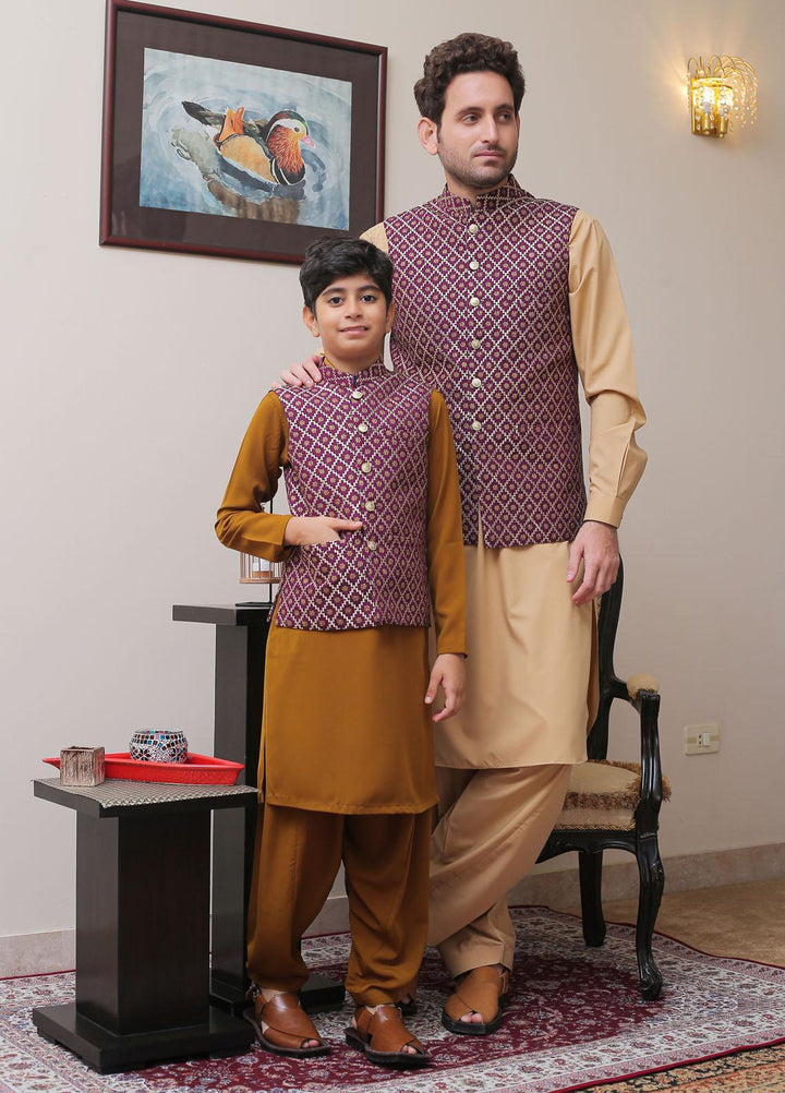 Real Image Raw Silk Smart Fit Waistcoat for Kids -  OKW-013 Purple Gold