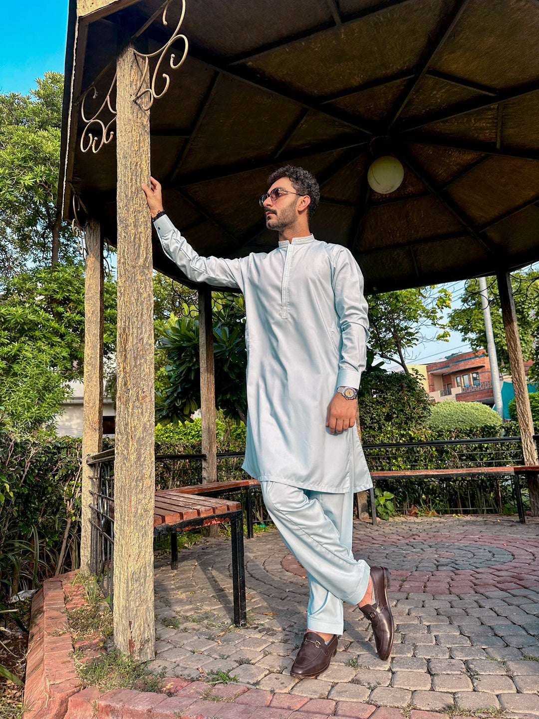 Muraqsh Ready To Wear Embroidered Cotton Men Formal Sky Blue Kurta Shalwar Collar Neck MUR-FSBKS - Summer Collection