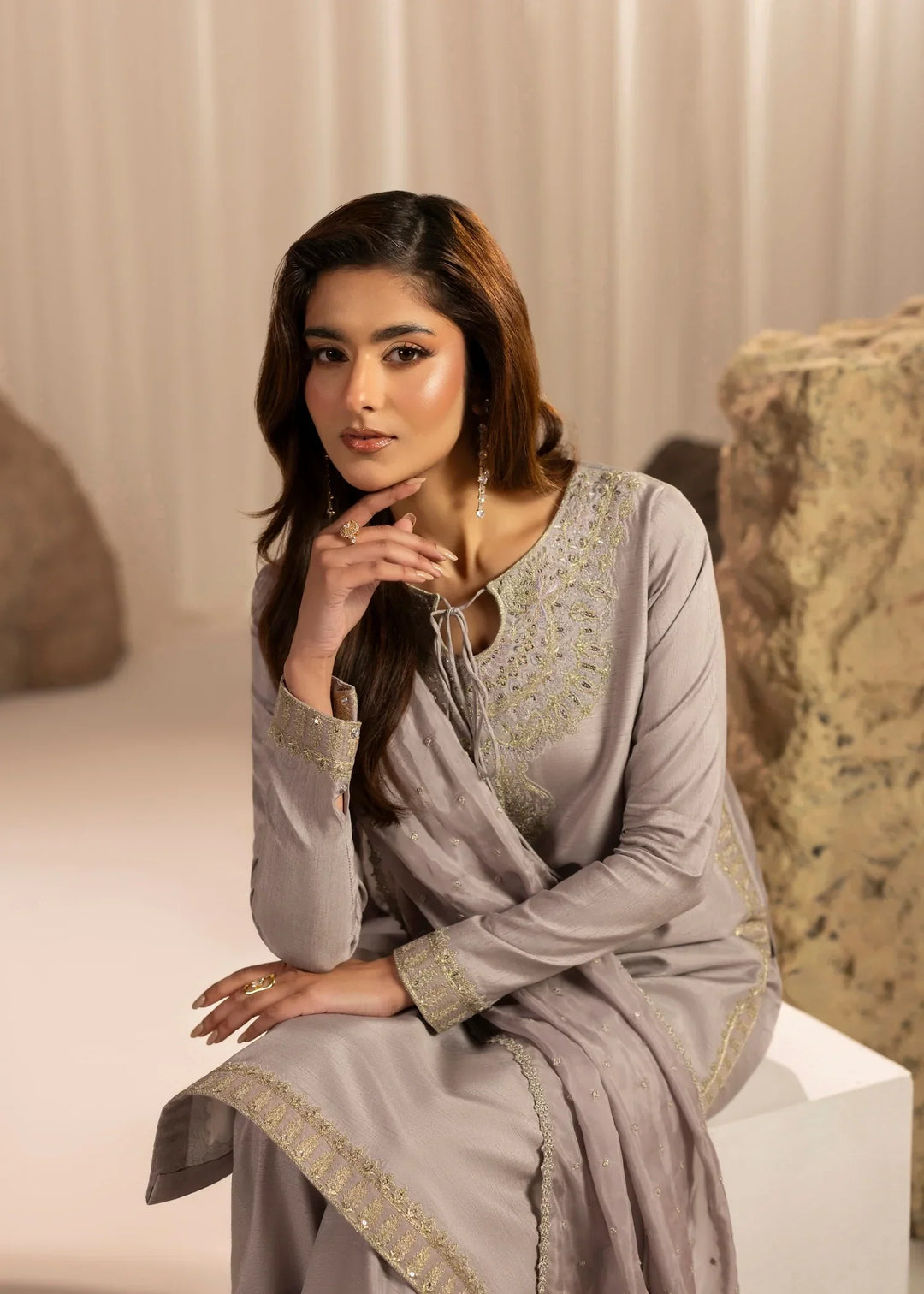 Silk Atelier by Jamni RTW Embroidered Korean Silk 3 Piece Suit DUSTY BLUSH Festive Collection