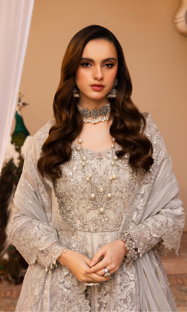 Waresha Women RTW Embroidered Net 3 Piece Suit Moonlit Grace Slate Gray - Festive Collection