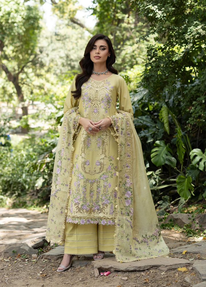 Elaf Premium Unstitched Embroidered Lawn 3 Piece Suit EL26ULF Butter Yellow ELQ-7A - Festive Collection