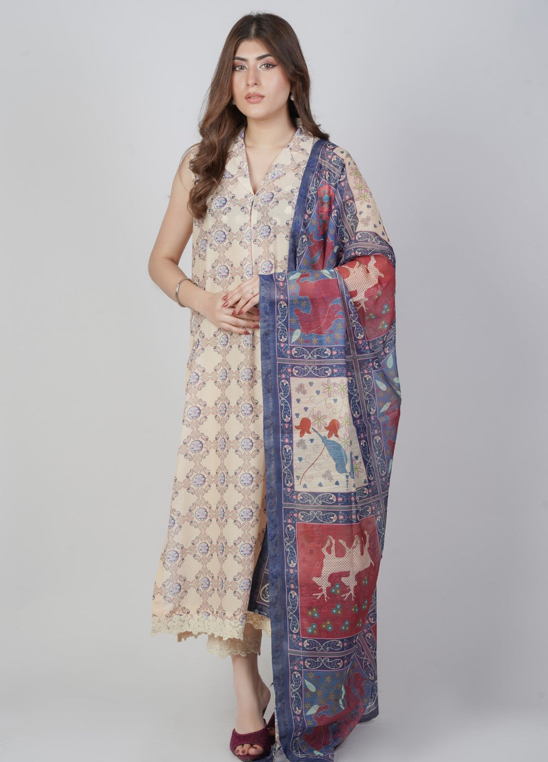 Vibgyor Fashion Printed Lawn Suits Unstitched 3 Piece Cream Animaux D1-S-25
