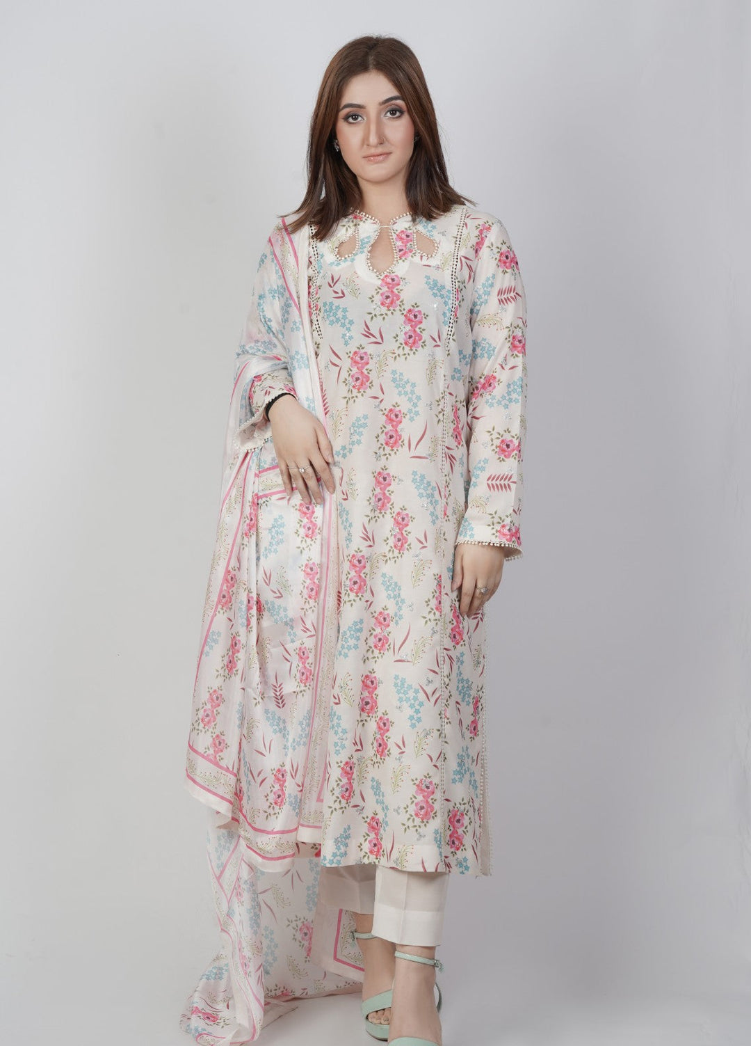 Vibgyor Fashion Embroidered Printed Lawn Suits Unstitched 3 Piece White Stary Floral D7-S-25