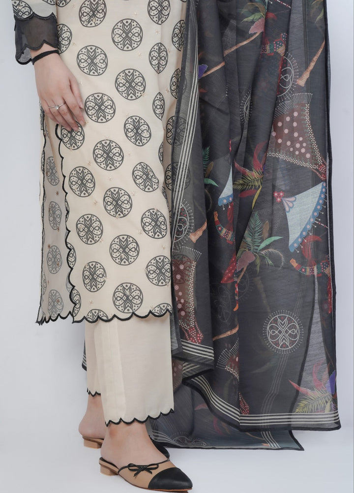 Vibgyor Fashion Embroidered Printed Lawn Unstitched 3 Piece Cream Black Geometrical Sufi D9-S-25